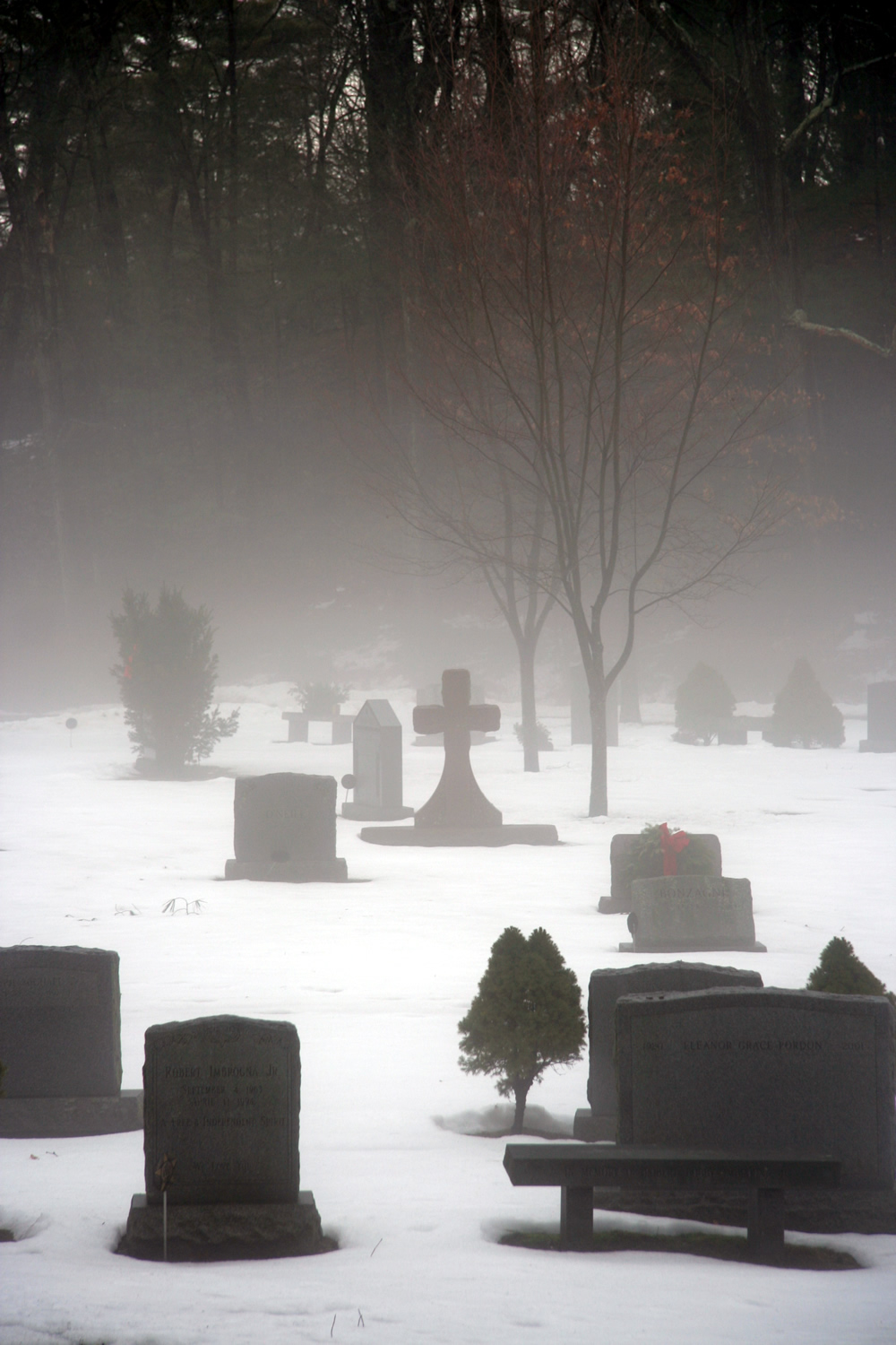Sleepy Hollow Cemetery in winter mist